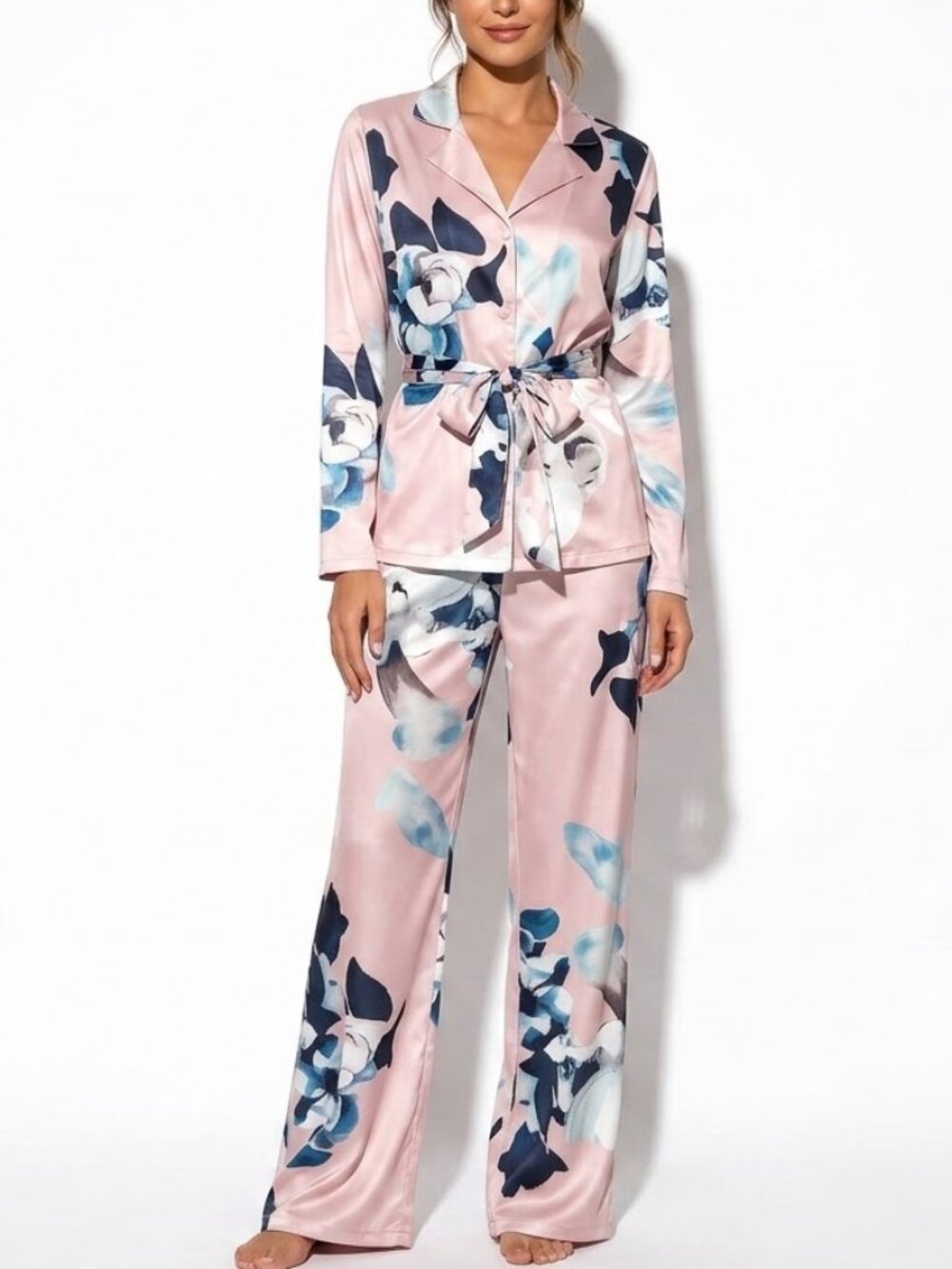 Unbranded Abstract Floral Satin Pajama Set Wide Leg Lounge Small